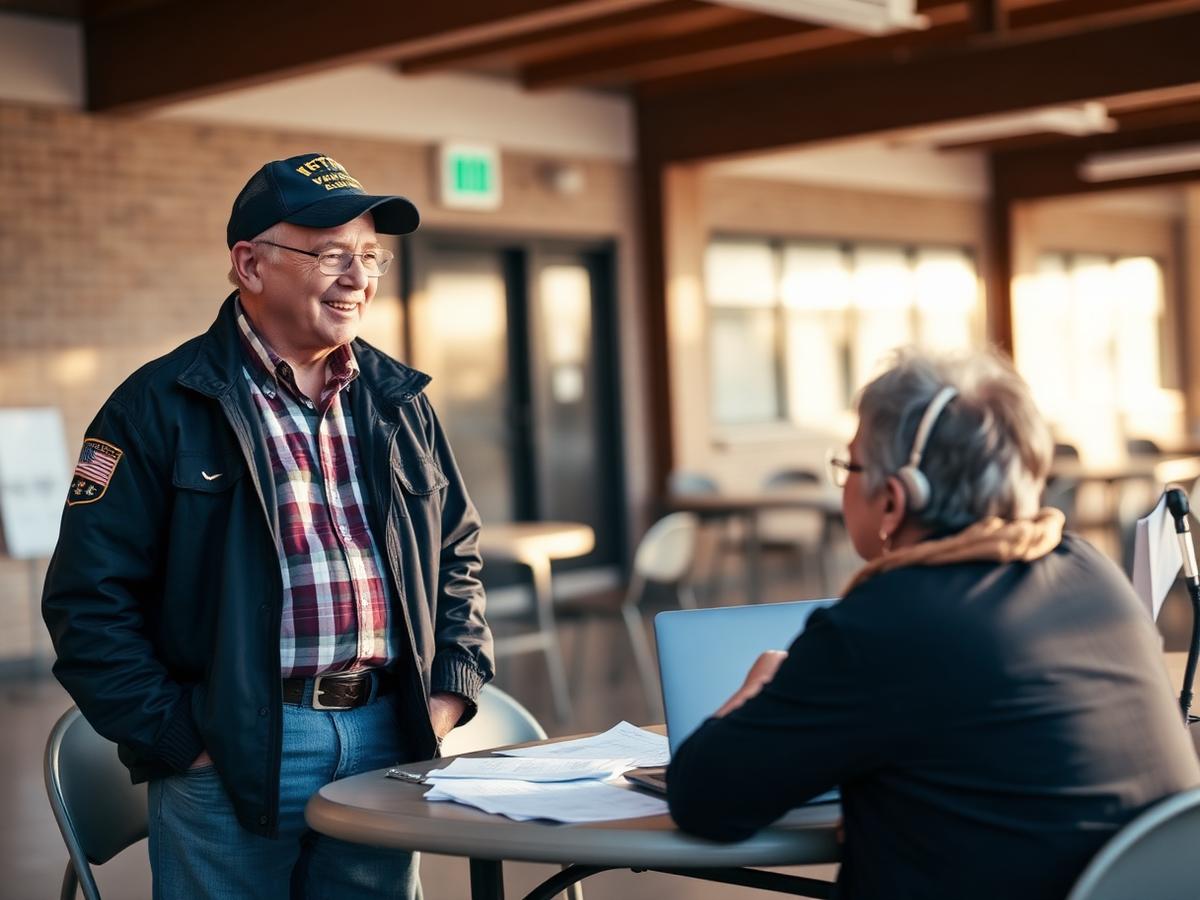 Placeholder photograph of a veteran talking with a case worker at a community center table