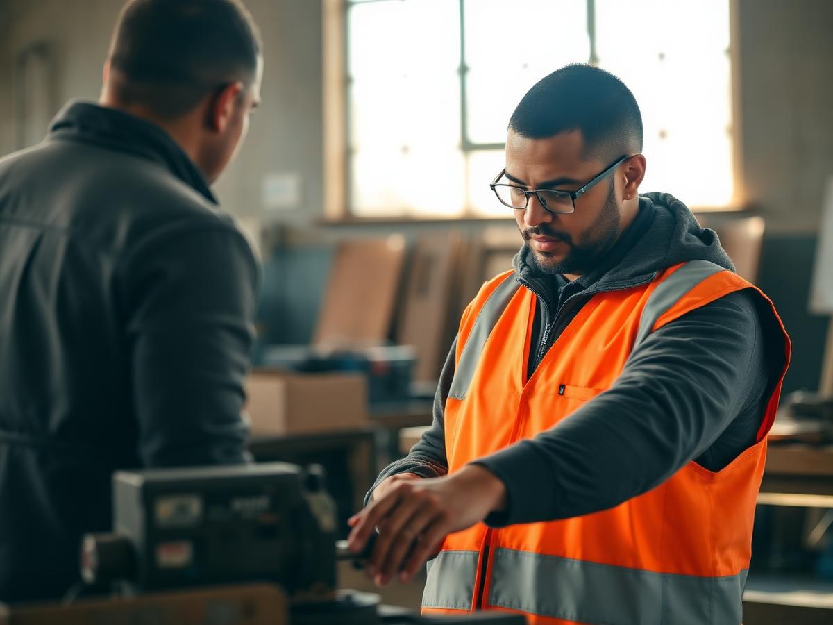 An adult learning a hands-on trade skill alongside an instructor in a training workshop